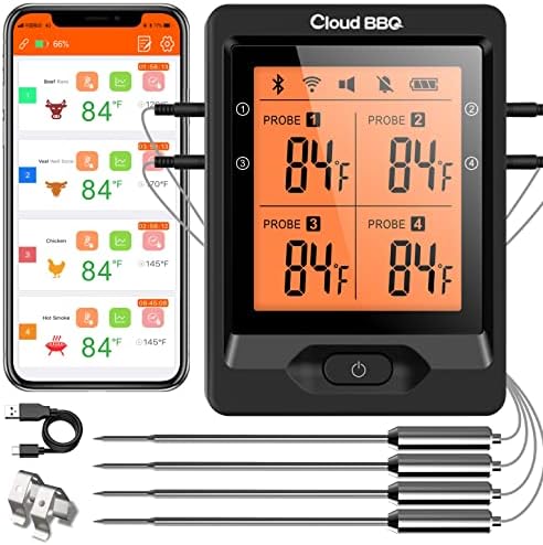 Cloud BBQ Wireless Meat Thermometer of 500FT, Bluetooth Meat Thermometer for Smoker Oven, Grill Thermometer with Four Probes, Smart Rechargeable BBQ Thermometer for Cooking Turkey Fish Beef