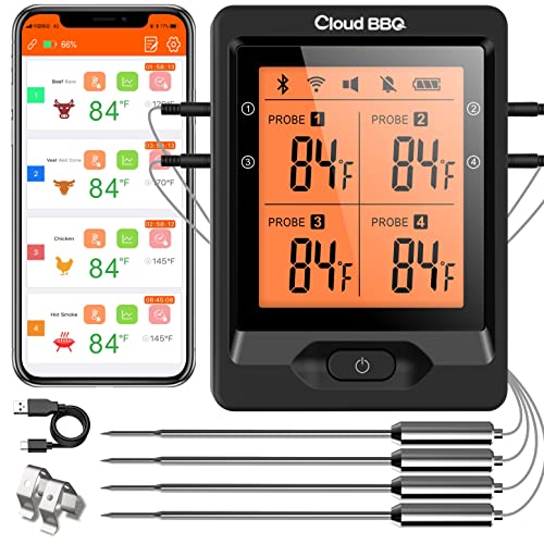 Cloud Bbq Wireless Meat Thermometer Of 500Ft, Bluetooth Meat Thermometer For Smoker Oven, Grill Thermometer With Four Probes, Smart Rechargeable Bbq Thermometer For Cooking Turkey Fish Beef #TOP27