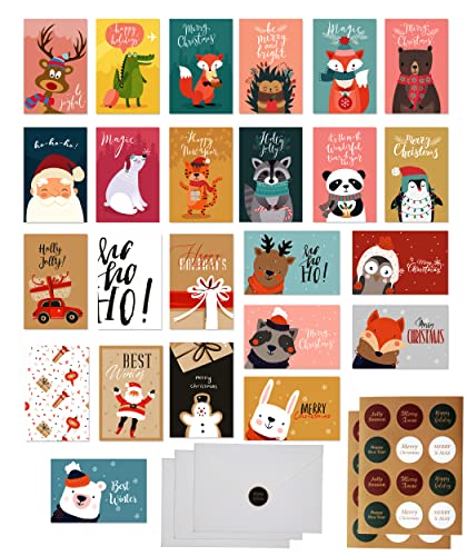 Christmas Greeting Cards Set 24 Animal Themed Designs Blank Inside Holiday Cards With Envelopes And Seals #TOP5