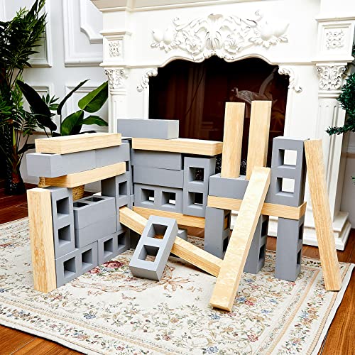Deekin 25 Pcs Foam Brick Building Blocks And 12 Pcs Foam Wooden Beam Building Blocks, Foam Blocks Thick Cinder Blocks Large Fake Brick Builders Set For Construction And Stacking (Gray) #TOP6