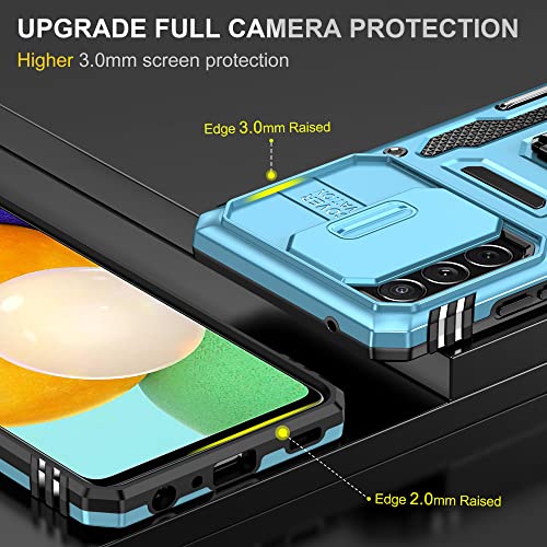 Image of Polycarbonate Slide Camera Cover with Ring Holder Mobile Phone Back Cover for Samsung Galaxy A72 (Blue)