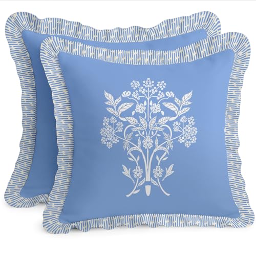 Vargottam Set of 2 Cotton Twill Pillow Covers - Floral Pattern, 16x16 Frill Cushion Covers with Hidden Zipper, Reversible Print, Rustic Farmhouse Decor