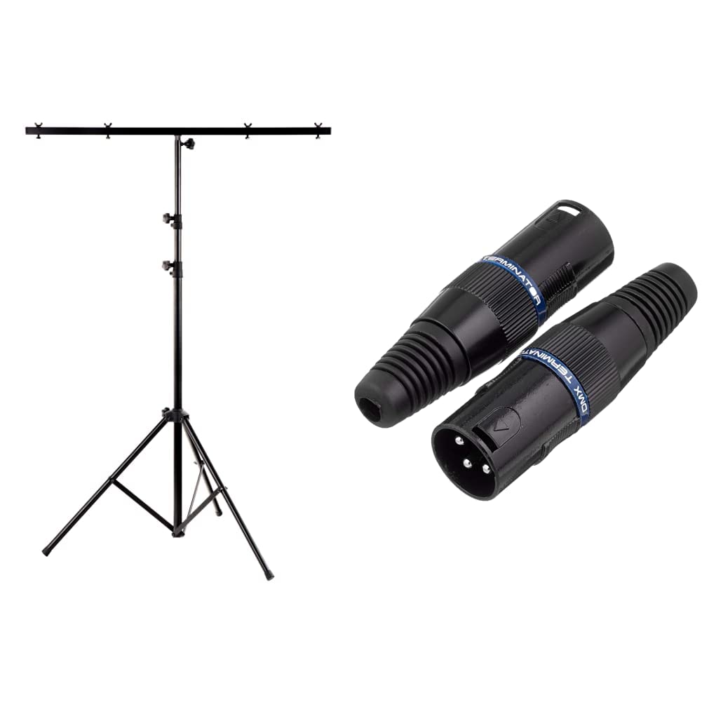 Showlite LS250 Lichtstativ mit Quertraverse (für Bühnen & Konzerbeleuchtung, für bis zu 4 Scheinwerfer, 1,10m-2,50m, max. Traglast: 30 kg) & Adam Hall K3DMXT3 Terminator 3 pol 120 Ohm, 2 Stück