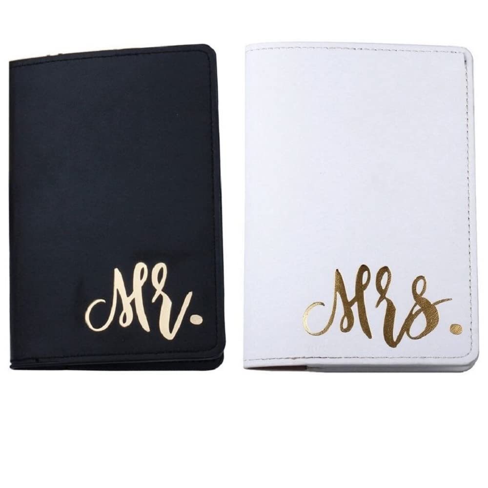 TOURTIER Mr. and Mrs. Passport Covers, Passport Holder and Organizer Slots for Honeymoon Couples Wedding Gift (Black and White)