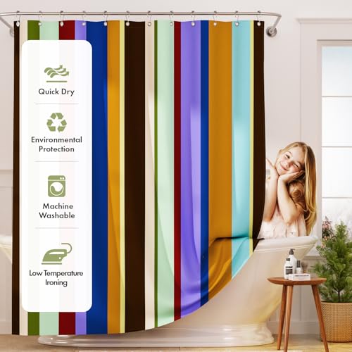 Image of AmazerBath Colorful Vertical Stripes Shower Curtain, Cute Stripe Bathroom Shower Curtain Set with 12 Shower Curtain Hooks, Rustic Fabric Shower Curtain, 72x72 Inches
