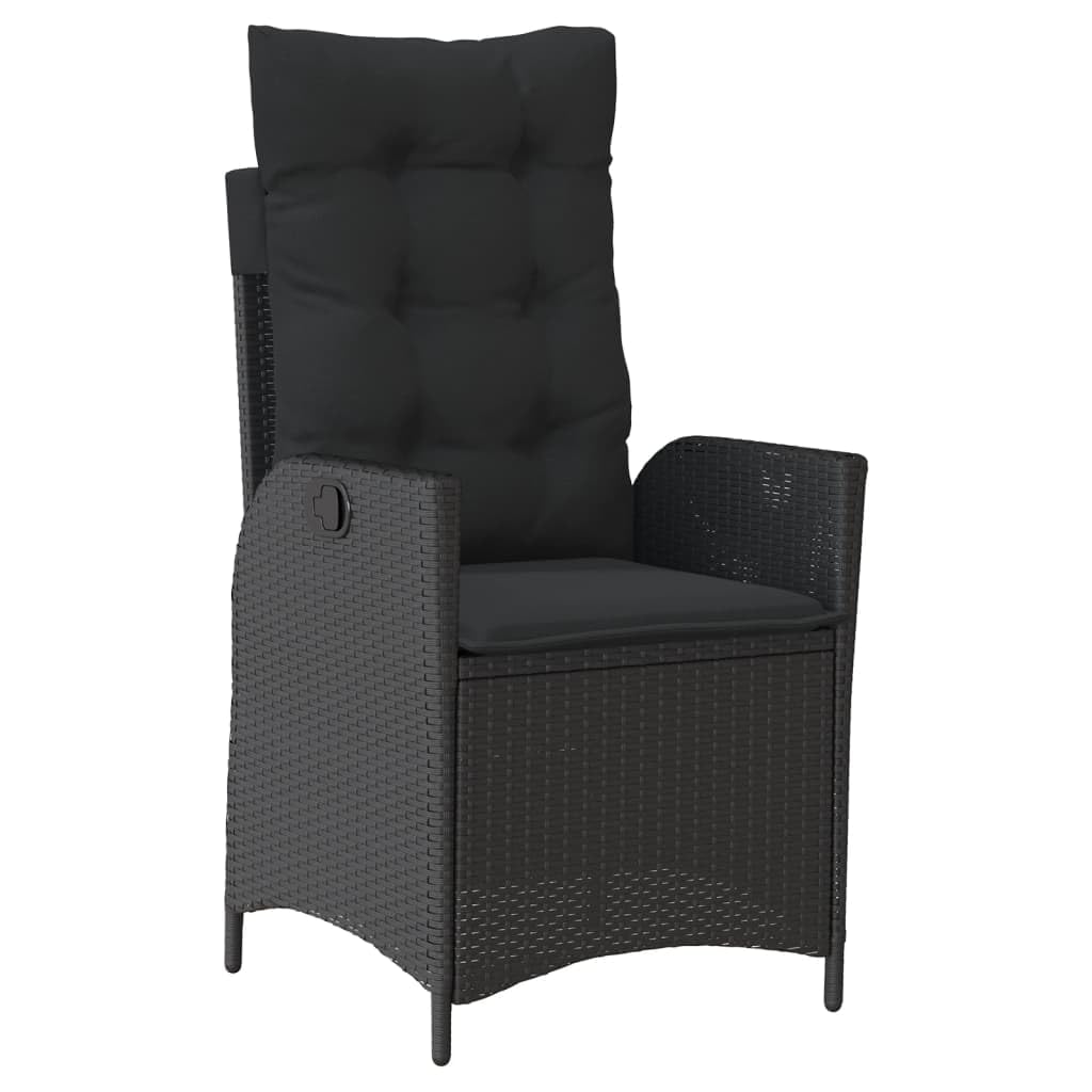 7-częściowy zestaw mebli ogrodowych z czarnego polirattanu, regulowany fotel relaksacyjny z poduszkami, stół ogrodowy ze szkła hartowanego 150 x 90 cm, odporny na promieniowanie UV, zestaw