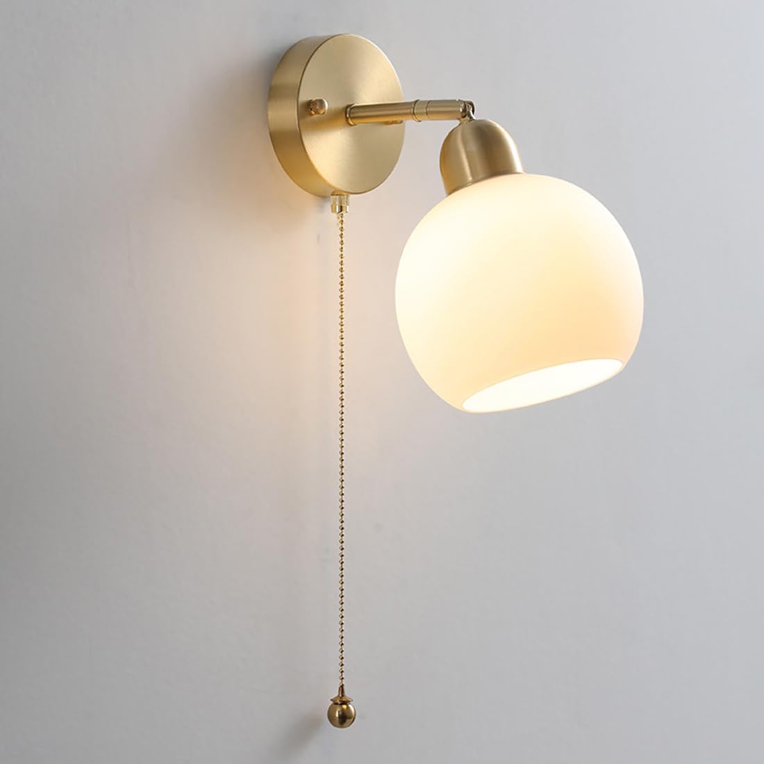 TCHAUSGZUS Mid-Century Gold Wall Sconce with White Glass Shade - Vintage Brass Light Fixture for Bedroom, Living Room, Hallway Pull Chain Design(A Style)