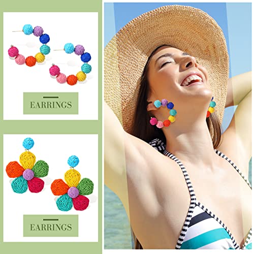 Kigeli 6 Pair Beach Raffia Earrings Summer Statement Rattan Earrings Heishi Drop Hoop for Women Colorful Beaded Tassel Dangle Boho Earring Handmade Jewelry Teacher Gift(Rainbow Color)4