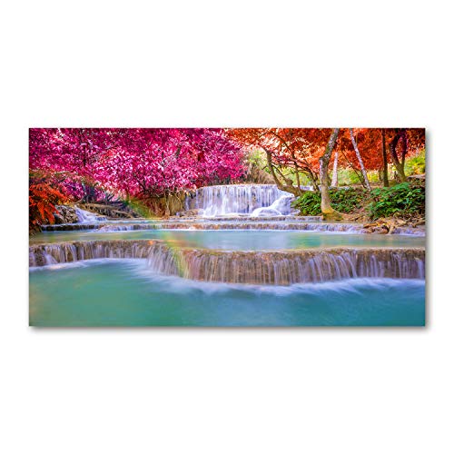 Toile paysage cascade en forêt pour salon moderne - Grand tableau mural multicolore 100x50cm