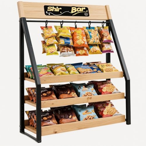 ZJS 3-Tier Snack Display Rack for Countertop, Candy & Chip Organizer Stand with Chalkboard and Hooks, Metal & Wood Display Shelf for Home Snack Bar, Store, Office, Kitchen, 15.7" x 9.8" x 27.6"
