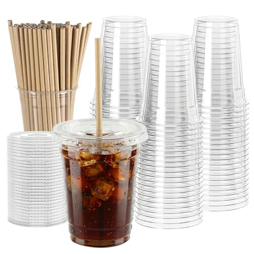 WUHUIXOZ [200 set -350ml Plastikbecher mit Deckel verwendet für Eiskaffee Milchshakes Hochzeiten Weihnachten Partys und kalte Getränke