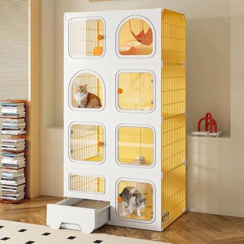 Pazzfre 大空間ペットケージ 大空間猫籠 猫小屋 キャットケージ ケージ ゲージ 猫ケージ キャットタワー スタジアム 猫トイレ付 脱走防止 頑丈 組立簡単 留守番 保護 脱走防止 多頭飼い 檻ねこ ネコケージ (イエロー,70*35*140cm)