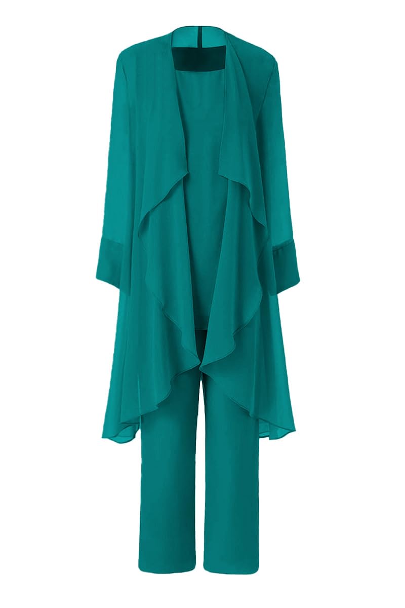Women's Mother of The Bride Pant Suits 3 Pieces Chiffon Outfit Sets for Wedding Pant Suit with Jacket Teal