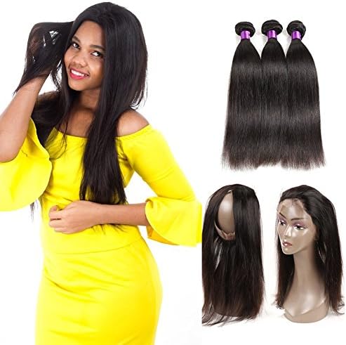 Ossilee Hair Brazilian Hair Straight Hair Bundles with 360 Lace Frontal 10A Brazilian Straight Hair Pre Plucked 360 Lace Frontal Closure with Bundles (18 20 22+16 360frontal, Natural Color)