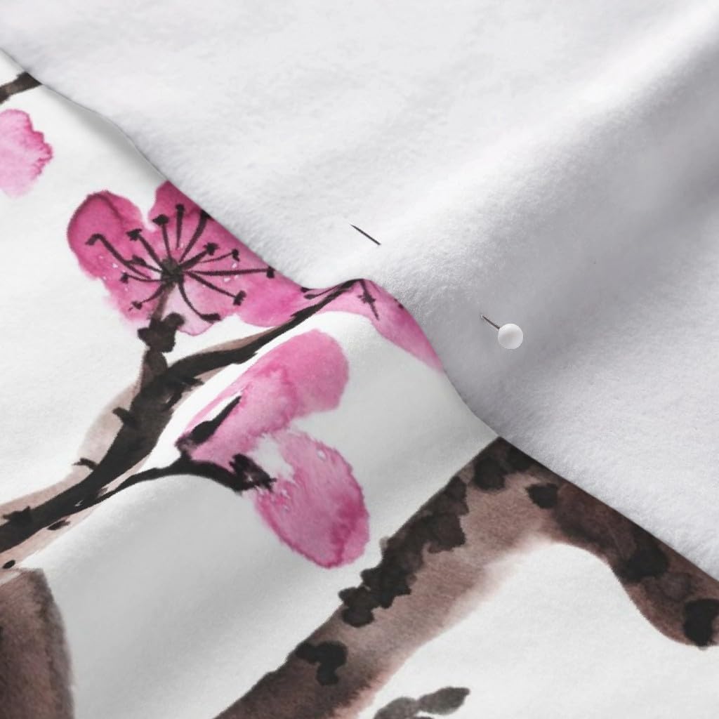 Spoonflower Fabric - Cherry Blossoms Spring Flower Pink Watercolor Japanese Inspired Tree Printed on Polartec(R) Fleece Fabric Fat Quarter - Sewing Blankets Loungewear and No-Sew