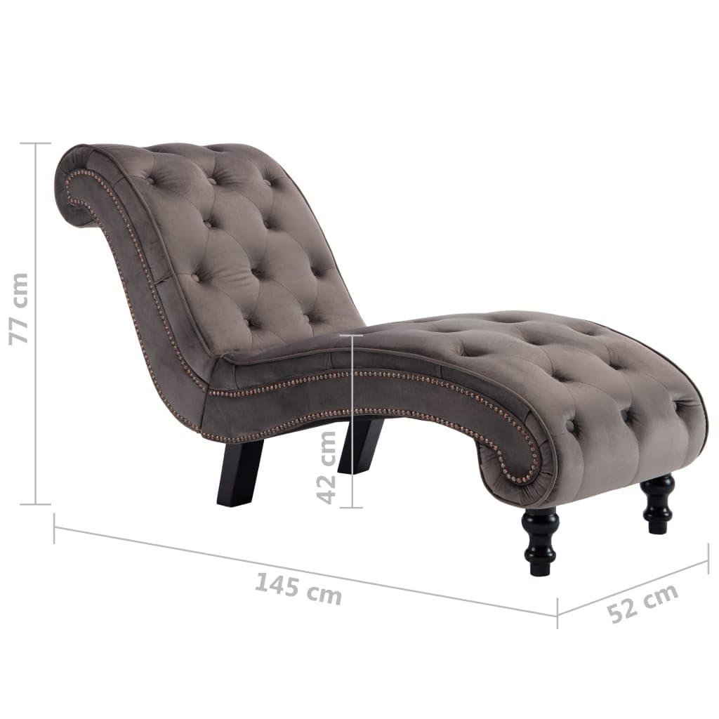Chaise Longue in velluto grigio con design ergonomico a frange, 145 x 52 x 77 cm, imbottitura, sedia da salotto, camera da letto, zona relax e camera degli ospiti
