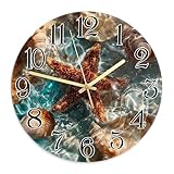 Orologio da parete a forma di stella marina, orologio da parete rotondo con conchiglie naturali costiere d'acqua turchese per soggiorno, camera da letto, cucina, decorazione 30 x 29 cm