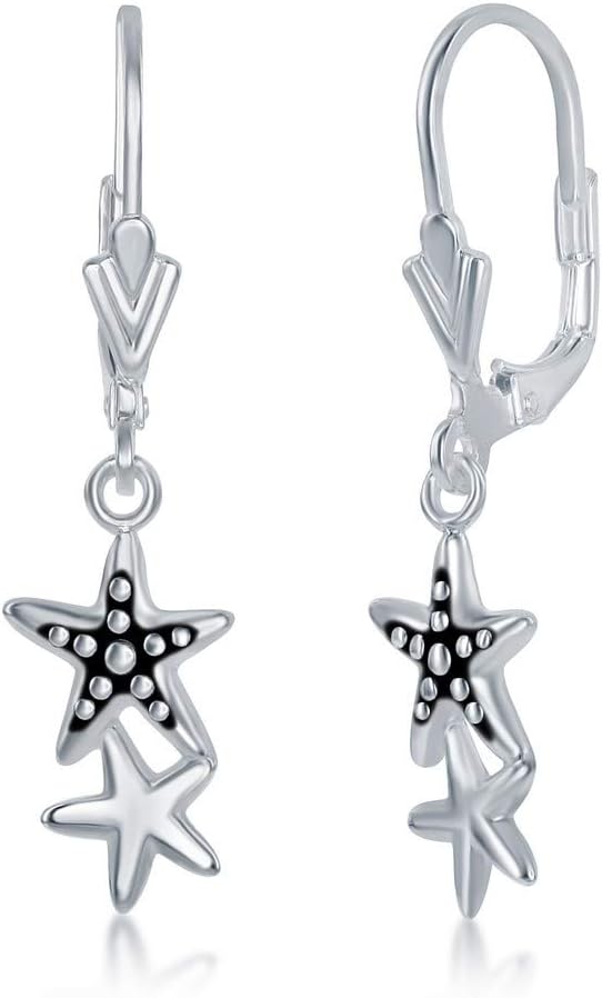 925 Sterling Silver Oxidized Accent Round Sand Dollar/Starfish/Sea Shell/Double Starfish Dangling Earrings Jewelry for Beach Lovers, Women,