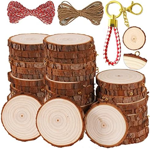 SENMUT Wood Slices 30 Pcs 2.0-2.45 inches Unfinished Wood Craft Natural Rounds Christmas Ornament Wooden Circles Pre-Installed Tree Slices with Small Eye Screws