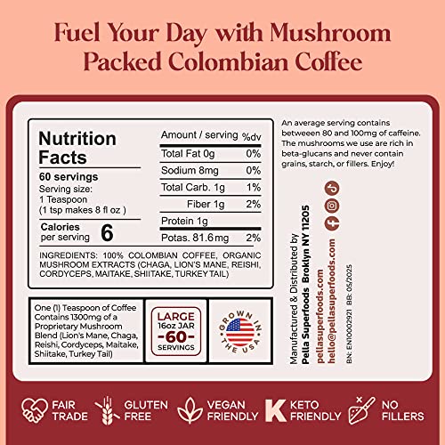 Organic Low-Caffeine Mushroom Coffee (60 Servings) With 7 Superfood Mushrooms, Great Tasting Colombian Instant Coffee, Includes Lion's Mane, Reishi, Chaga, Cordyceps, Shiitake, Maitake, And Turkey Tail #TOP4