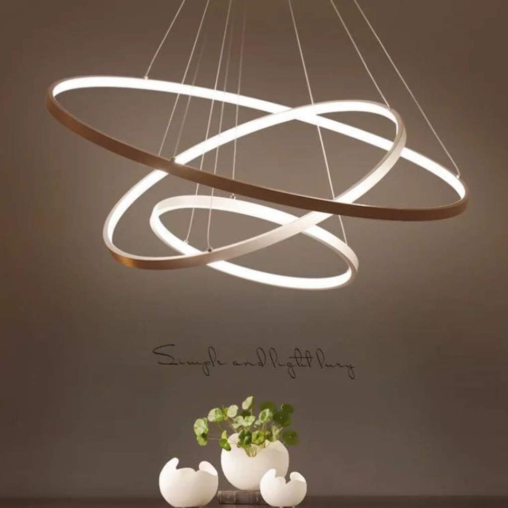 FIERCE TIGER Modern LED Chandelier Dining Table 76W LED 3 Ring LED Dimmable Remote Control Hanging lamp Living Room Ceiling Light Bedroom Height Adjustable Hanging Lamp Chandelier 60/40/ 20 cm (Gold) [Energy Class A++]