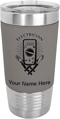 LaserGram Vaso aislado al vacío de 20 onzas electricista grabado personalizado incluido piel sintética gris