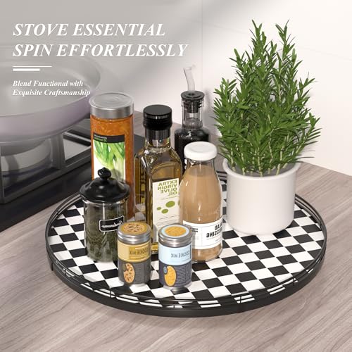 Image of 18 inch Black and White Kitchen Lazy Susan Turntable, Round Checkered Decorative Tray, Large Lazy Susan for Dining Table Centerpiece, Pantry, Kitchen, Bathroom, Countertop, Cupboard, Home Decor