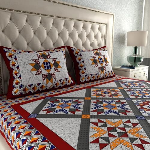 Image of LA VERNE 104 TC Cotton Double Bed Bedsheet Jaipuri Rajasthani Print Bedsheet with 2 Pillow Covers (Red s)