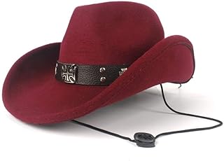 THAELY Hombres Mujeres Invierno Sombrero de Vaquero Occidental con cinturón de Lana Sombrero de Sombrero Sombrero de Iglesia for Adultos Sombrero Enrollable Tamaño 56-58 cm (Color : Vino Rojo, Tamañ