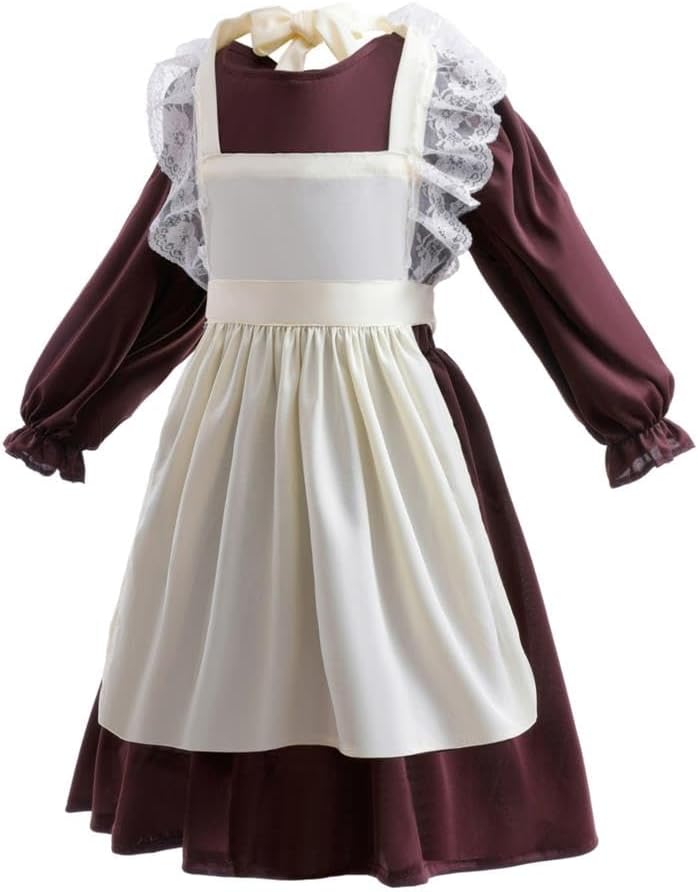 Dressy Daisy Pioneer Colonial Prairie Maid Dress Costume Clothing with Apron and Mob Cap for Toddler Little Girls, Brown
