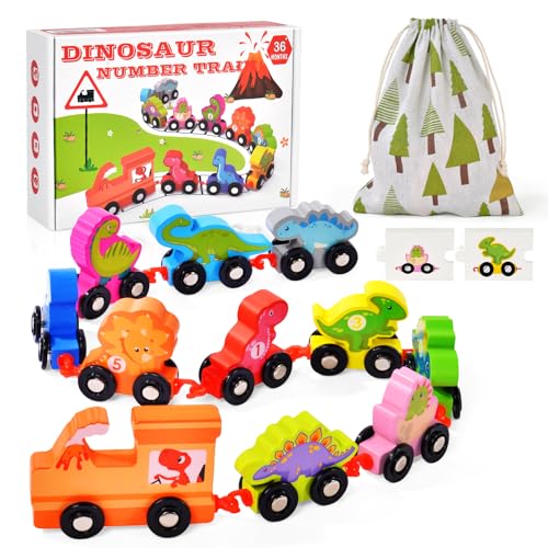 Vicloon Juguete de Madera del Tren del Número,11pcs Tren de Madera con Animales,Coches de Tren de Dinosaurio de Madera con Colorido Tren Numérico del 0 al 10,Multicolor Juguetes Montessori Educativos