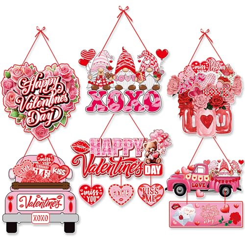 Pink-Red Valentines-Day Front-Porch Door Hanger-Decor - 6pcs Love Romantic Special Night Galentines Party Paper Signs Banners,Engagement Wedding Anniversary Wall Hanging Decorations Lasting Surprise