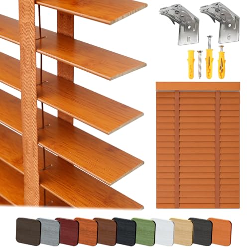 Wood Blinds for Indoor Windows 2" Slats Blackout Privacy Wooden Blinds 22.5" 28" 33.5" 34" 34.5" 36" 42" 48" 68" 72" Cordless Horizontal Window Shades, Venetian Mini Blind for Home (Light Brown)