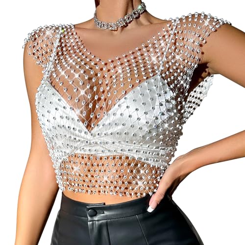 Rhinestone Crystal Crop Top, Sleeveless Mesh Body Chains, See Through Mesh Diamond Fishnet Shirts Outfits