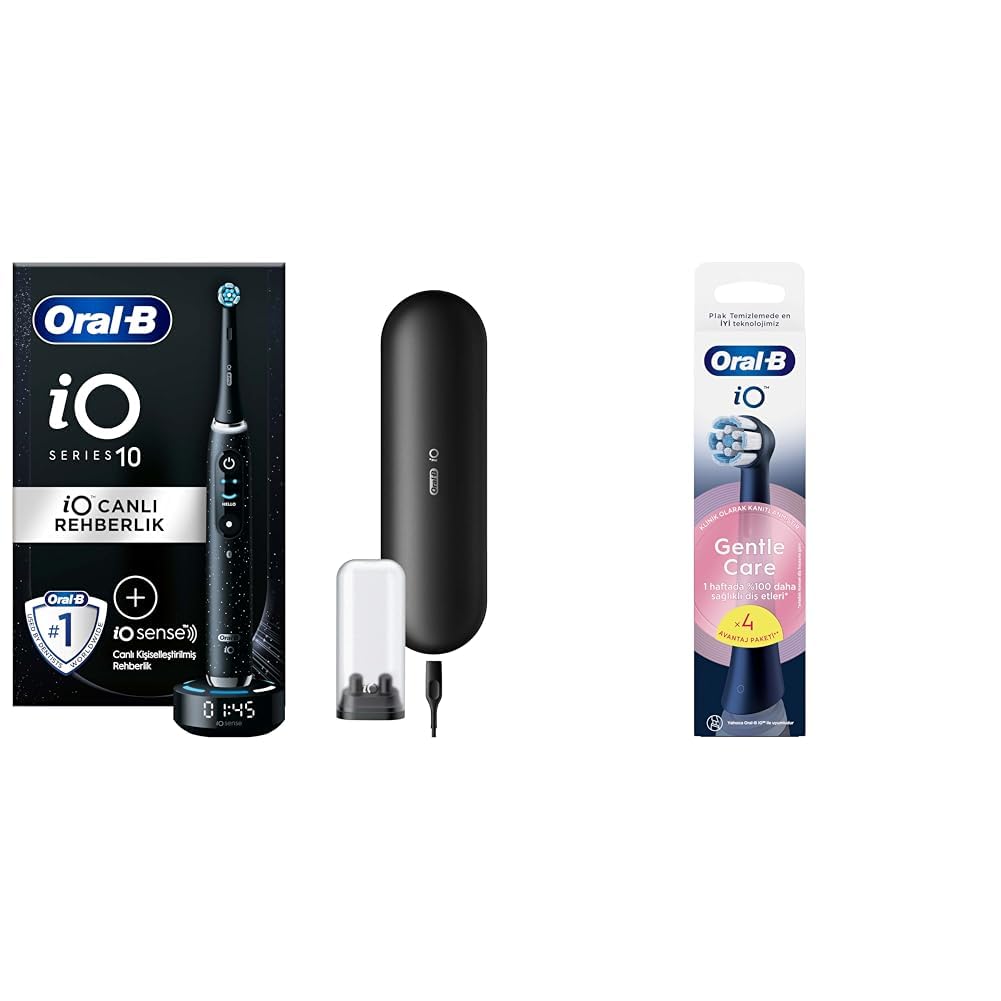 Oral-B iO Sense ile iO - 10 Siyah Elektrikli/Şarjlı Diş Fırçası + Oral-B iO Gentle Care Siyah Diş Fırçası Yedek Başlığı 4 Adet
