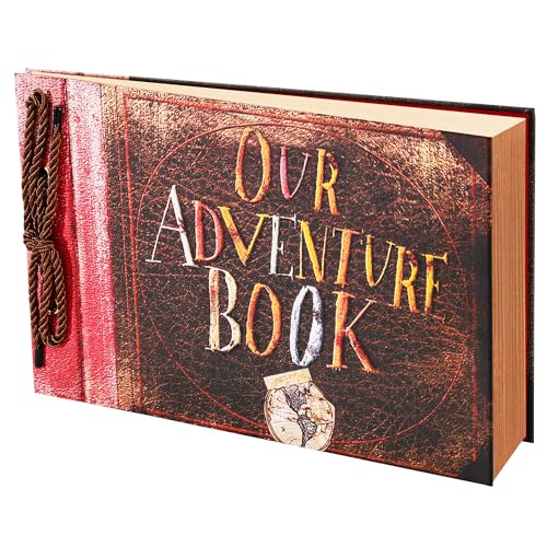 Image of Scrapbook Photo Album,Our Adventure Book, Embossed Words Hard Cover Movie Up Travel Scrapbook for Anniversary, Wedding, Travelling, Baby Shower, etc (Retro Adventure Book)