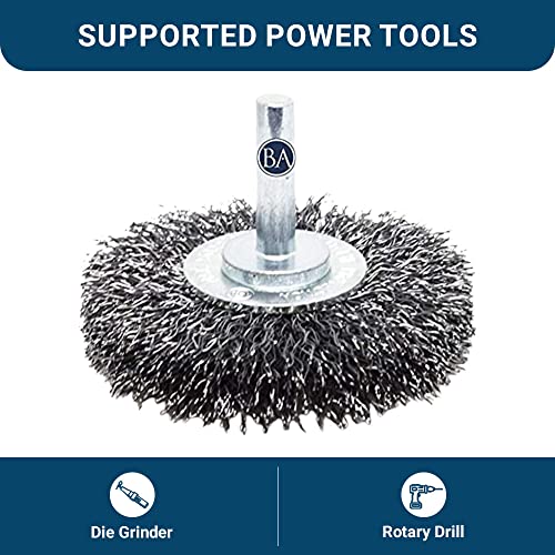 Image of Benchmark Abrasives 2.5 Inch Grinder Mounted Crimped Wire Wheel for Drill with 1 /4 inch Shank, Steel Brush for Rust Removal, Cleaning, Deburring on Cast Iron, Steel Rotary Tools - Carbon Steel