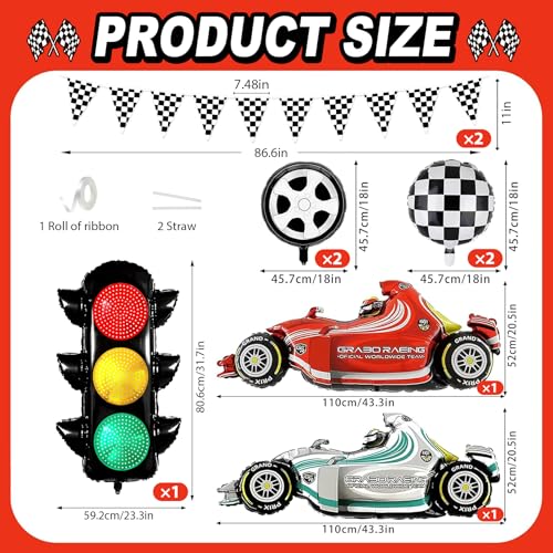 Image of Race Car Balloons Kits 31inch Traffic Light Balloon Red Blue Race Car Birthday Party Decorations Transportation Light Balloons Checkered Pennant Banner Fast One Birthday Party Supplies