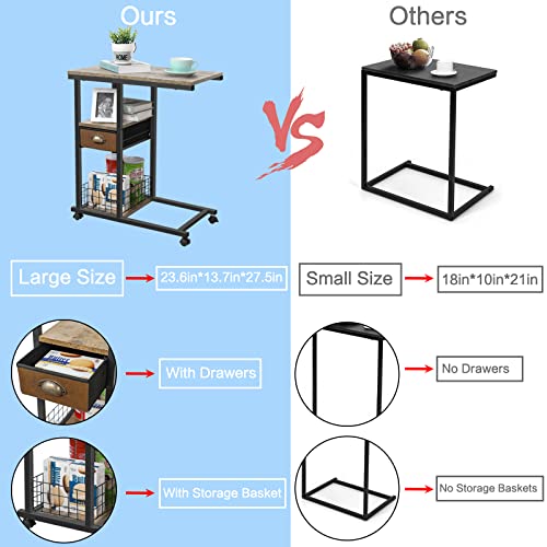 Large Mobile C Shaped Couch Side Table Desk With Drawer, 23.63''L X 13.77''W X 27.55''H, End Table Cart With Removable Caster, Industrial Sofa Table, Rolling Bedside Desk For Living Room, Bedroom #TOP3