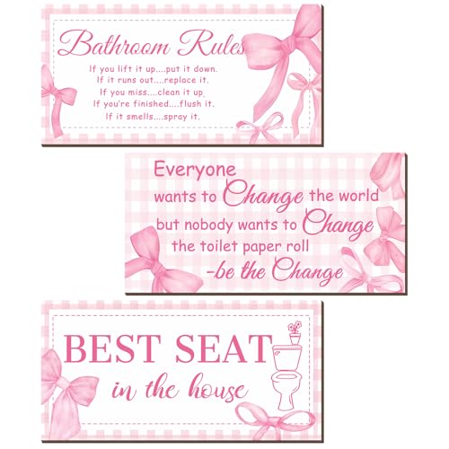 Cinnvoice 3 Pcs Pink Bow Bathroom Wall Decor, Girly Toilet Signs Wooden