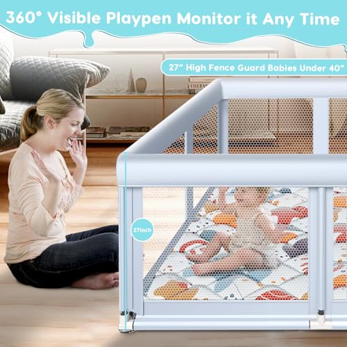 Image of Fshibila 65 inch x50 inch Large Baby Playpen with Mat, Baby Playard for Babies and Toddlers, Play Pens for Indoor & Outdoor, Sturdy Safety Play Yard with Soft Breathable Mesh, Anti-Fall, Grey
