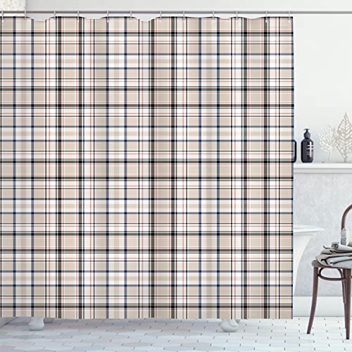 Lunarable Plaid Shower Curtain, Classic English Tartan Plaid Cells Stripes Scottish Geometric Traditional, Cloth Fabric Bathroom Decor Set With Hooks, 69" W X 70" L, Champagne White #TOP9