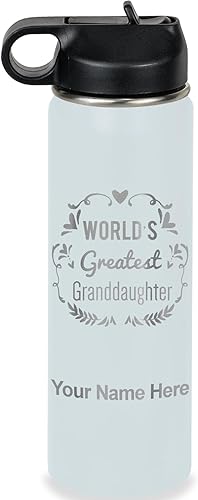 Miniatura 37 de LaserGram Botella de agua de doble pared con tapa abatible de 20 onzas con popote, la nieta más grande del mundo, grabado personalizado incluido
