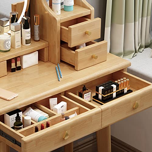 Oak Vanity Desk With Lights And Mirror, 100% Solid Wood Makeup Vanity With Led Lights, Vanity Mirror With Lights And Desk, Storage Shelves And Cushioned Stool, Dresser Desk For Bedroom ( Color : White #TOP5