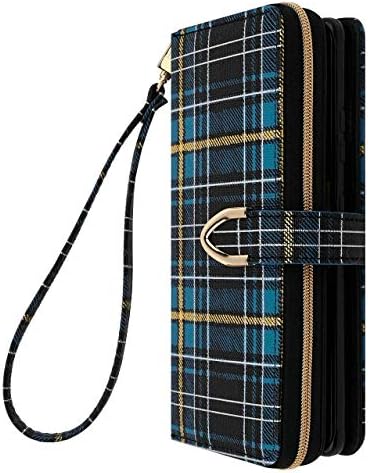 Qoosan Galaxy Note 20 Wallet Cover Case for Women, Card Holder Slots Cash Pockets Zipper Snap Button Closure Shockproof Premium TPU PU Leather Phone Flip Case with Wrist Strap, Plaid Blue