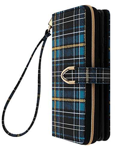 Qoosan Galaxy S21 Ultra Wallet Cover Case for Women, Card Holder Slots Cash Pockets Zipper Snap Button Closure Shockproof Premium TPU PU Leather Phone Flip Case with Wrist Strap, Plaid Blue