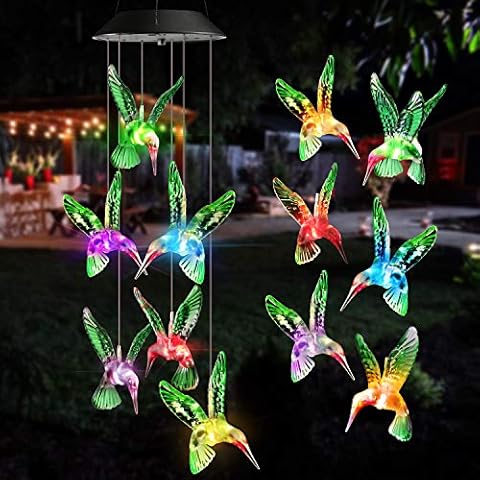 Qedertek Windspiele für Draußen, LED Kolibri Solar Windspiele Farbwechsel, Solarbetriebene Gartenlampe Hängeleuchte für Garten Baum Terrasse Deck Hof Rasen Hinterhöfe Wege Balkon Muttertagsgeschenk Cover