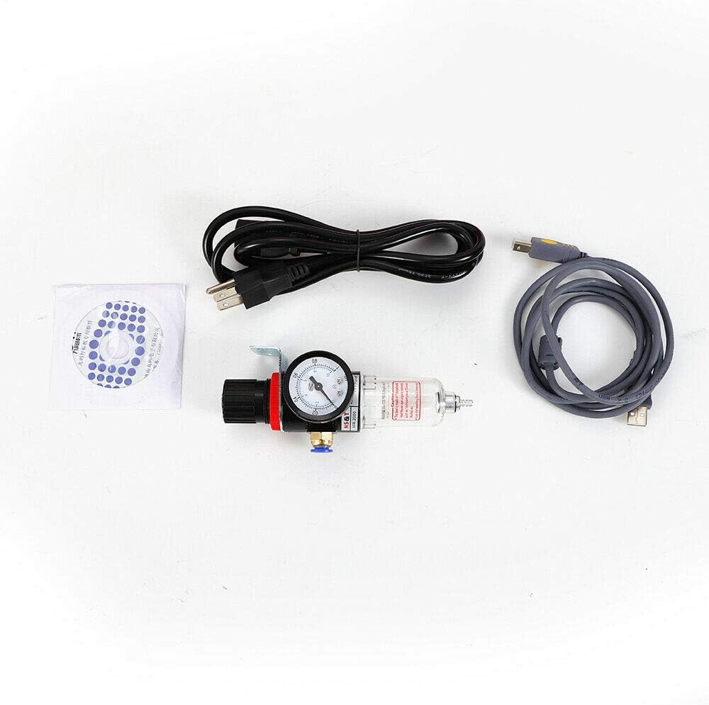Accessories including a software CD, power cable, USB cable, and air pressure regulator.