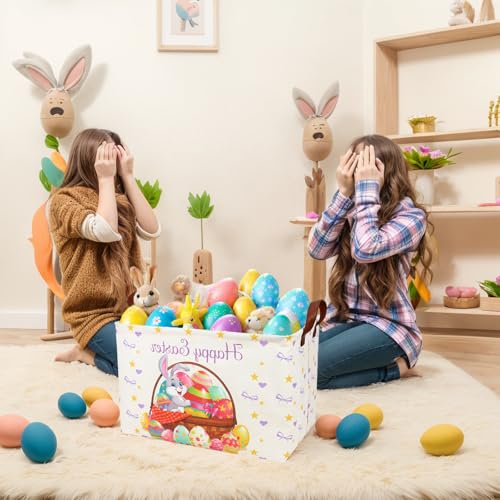 Image of Easter Basket for Kid Large Empty Baby Rectangular Cute Easter Gift Storage Basket Bunny Eggs Decor (Rabbit Purple Bow Tie)