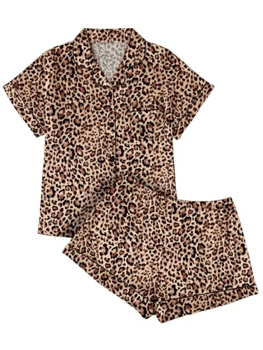 Image of LILLUSORY Silk Satin Pajama Set for Women Summer Two Piece Fall Lounge Pjs | Cozy Matching Sleepwear, Short Sleeve Button Down Shirt and Shorts, Soft Loungewear with Pocket, Cute Trendy Clothing